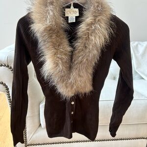 Cache Dark Brown Sweater with Genuine Detachable Fur Trim
